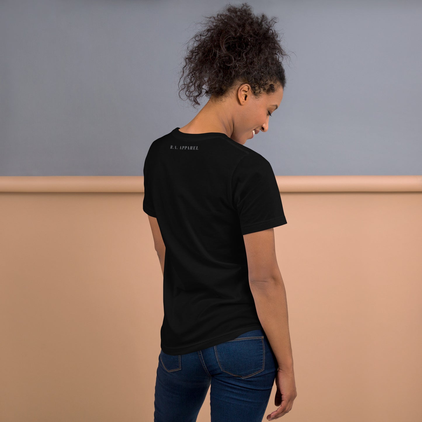 Image 3 of Black Heather Freeborne T-Shirt - Left Placement, size M, with Free Spirits artwork visible in back view.