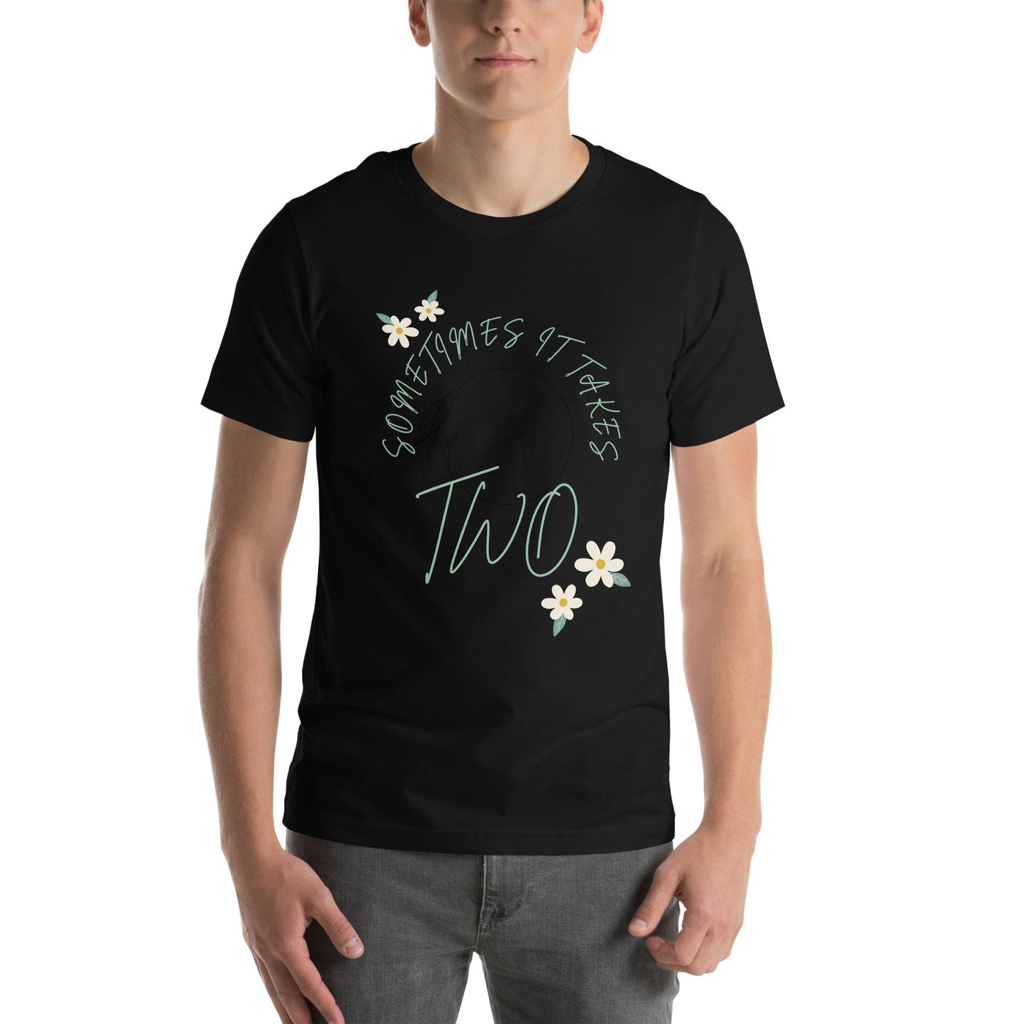 Duet T-Shirt - Left Placement image 2: Black Heather version, size M with front view of the It Takes Two range.