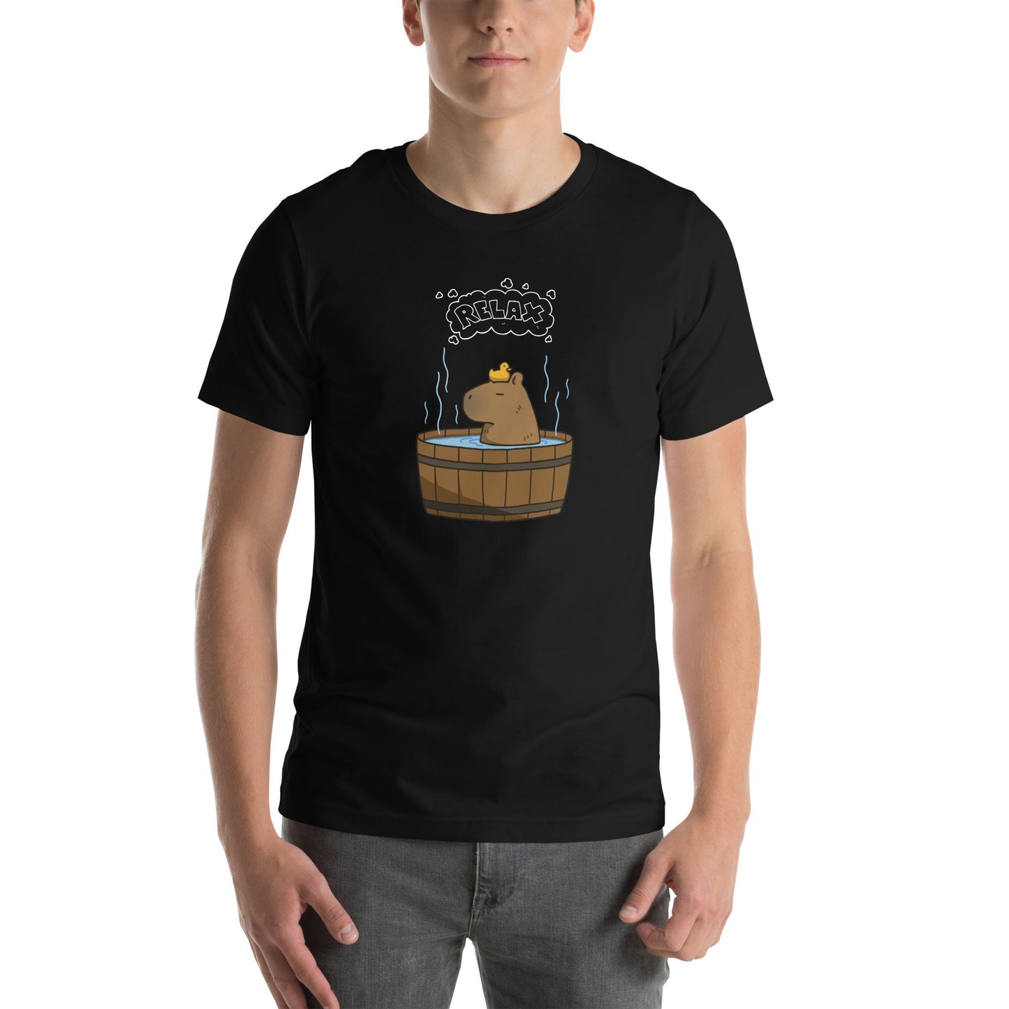 Slow Hour T-Shirt - Left Placement image 2 in Black Heather, size M, showing front view for the Relax design.