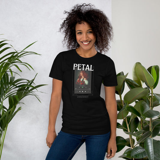 Image 1 of Black Heather Petaline T-Shirt - Left Placement, size S, with Petal artwork visible in front view.