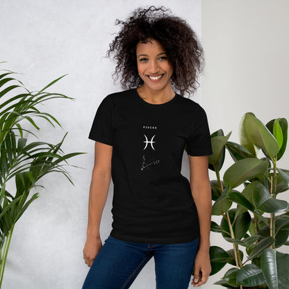 Tideborn T-Shirt - Left Placement image 1: Black Heather version, size S with front view of the Pisces range.