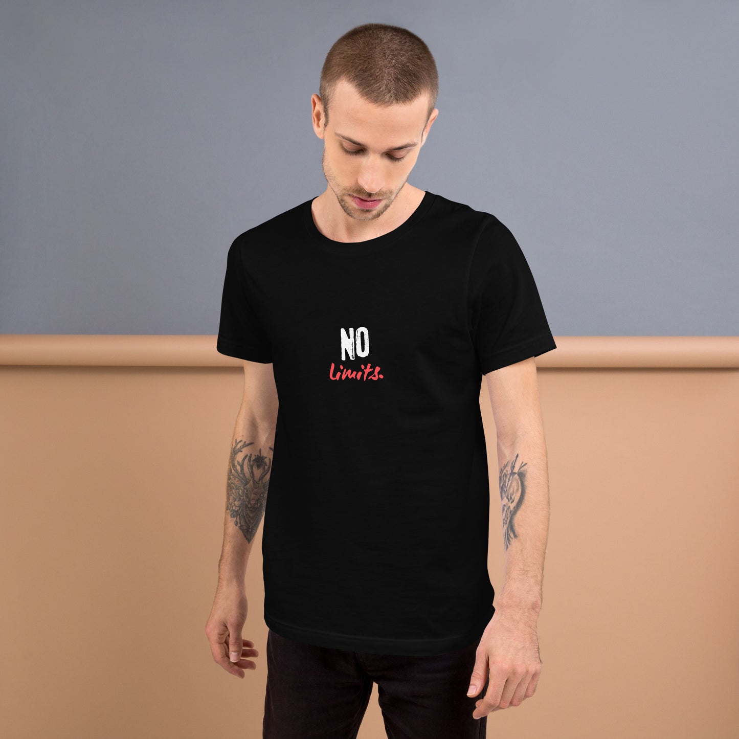 Limitless T-Shirt - Left Placement product image 1 in Black Heather, size XS, with front view and left placement.