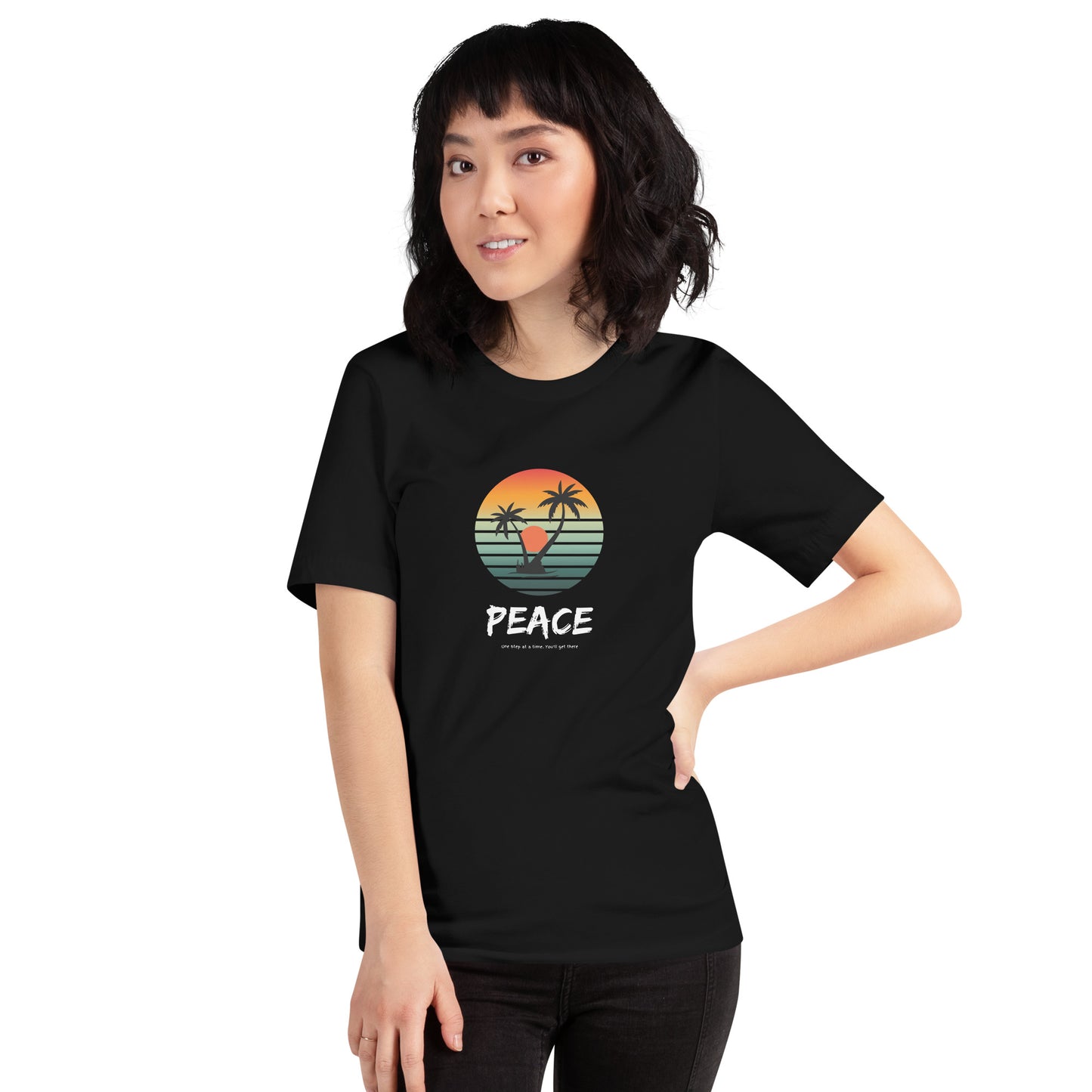 Quiet Peace T-Shirt - Left Placement image 1 in Black Heather, size XS, showing front view for the Peace design.