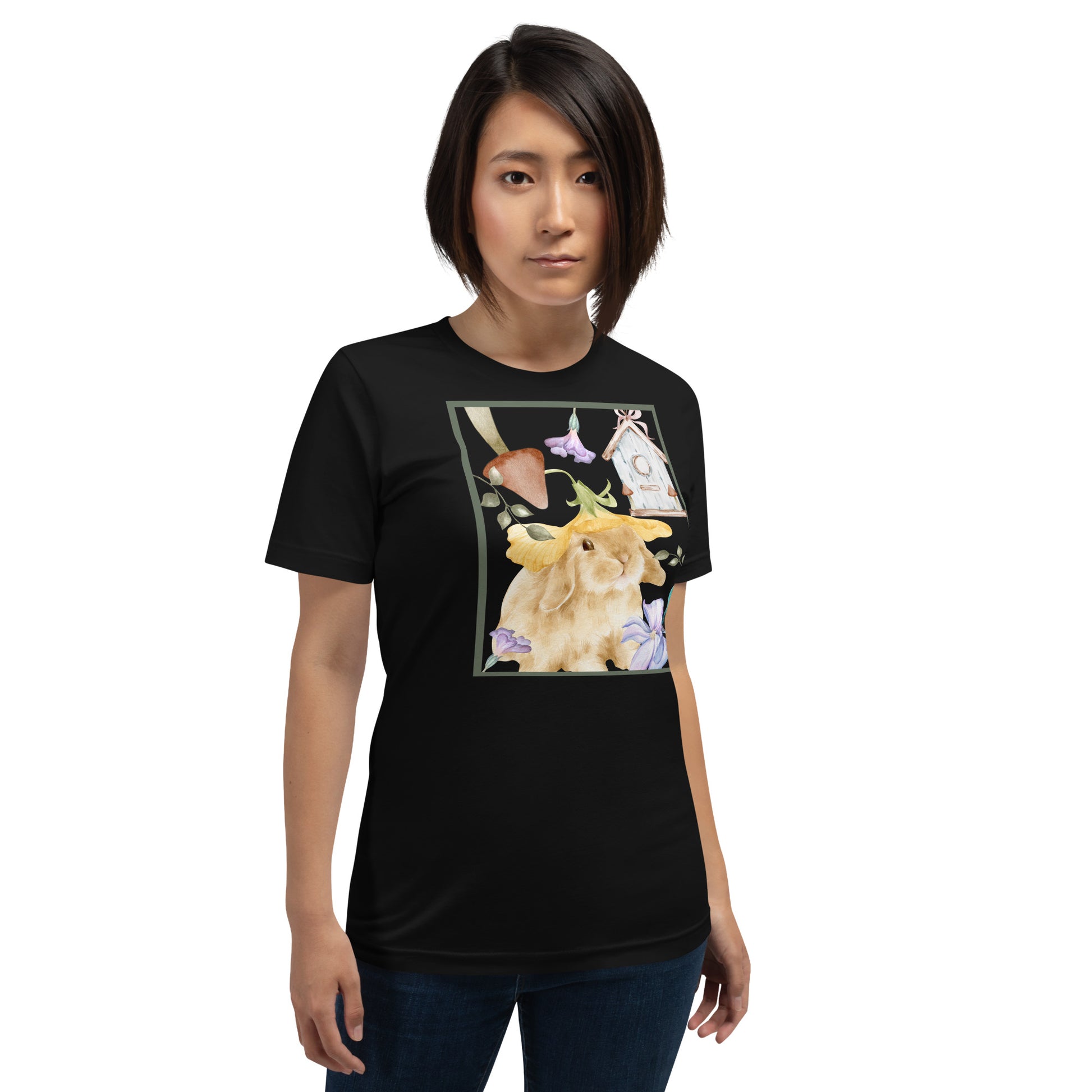 Image 1 of Black Heather Meadow Club T-Shirt - Left Placement, size XS, with Bunny Collage artwork visible in front view.