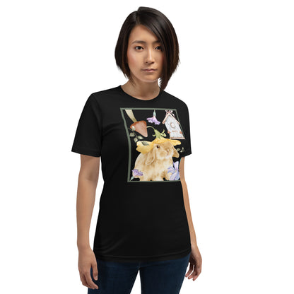 Image 1 of Black Heather Meadow Club T-Shirt - Left Placement, size XS, with Bunny Collage artwork visible in front view.