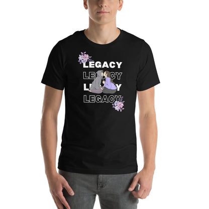 Heirloom T-Shirt - Left Placement image 1: Black Heather version, size XS with front view of the Legacy range.