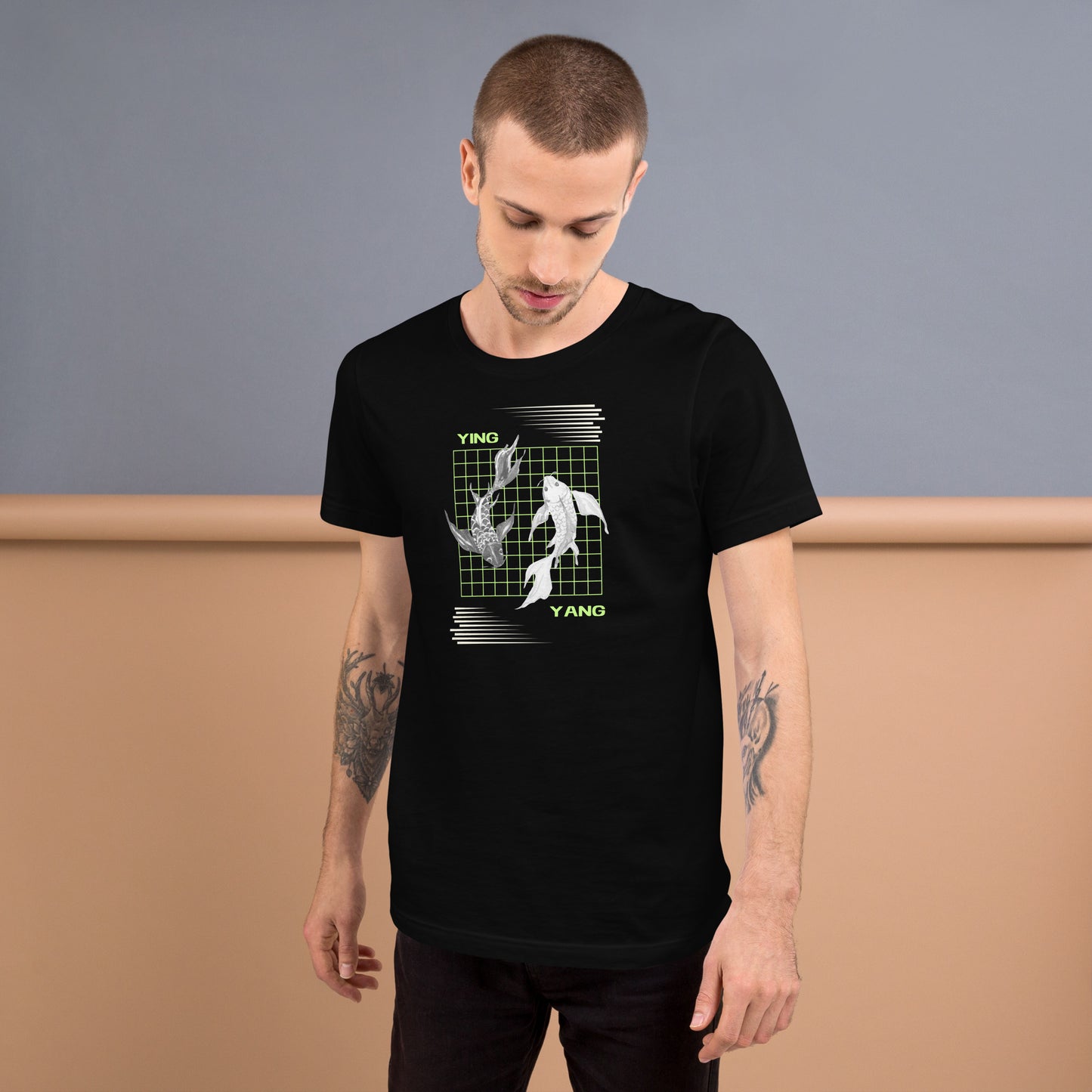 Equinoxe T-Shirt image 5: Black Heather version, size 2XL with front view of the Ying and Yang range.