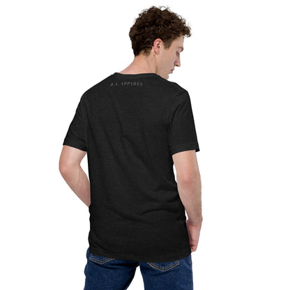 Image 1 of Black Heather Quacksy T-Shirt, size S, with Hello Duck artwork visible in back view.