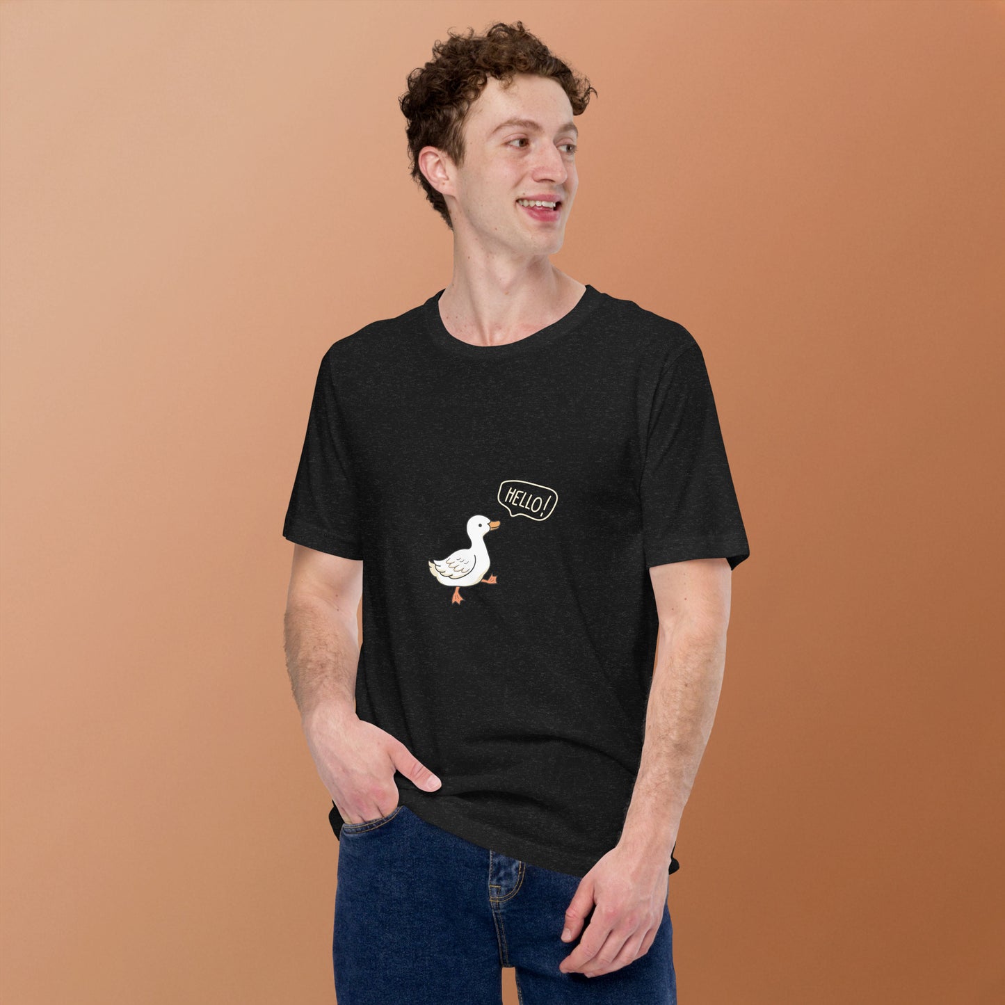 Quacksy T-Shirt product image 5 in Black Heather, size 2XL, with front view and design placement.