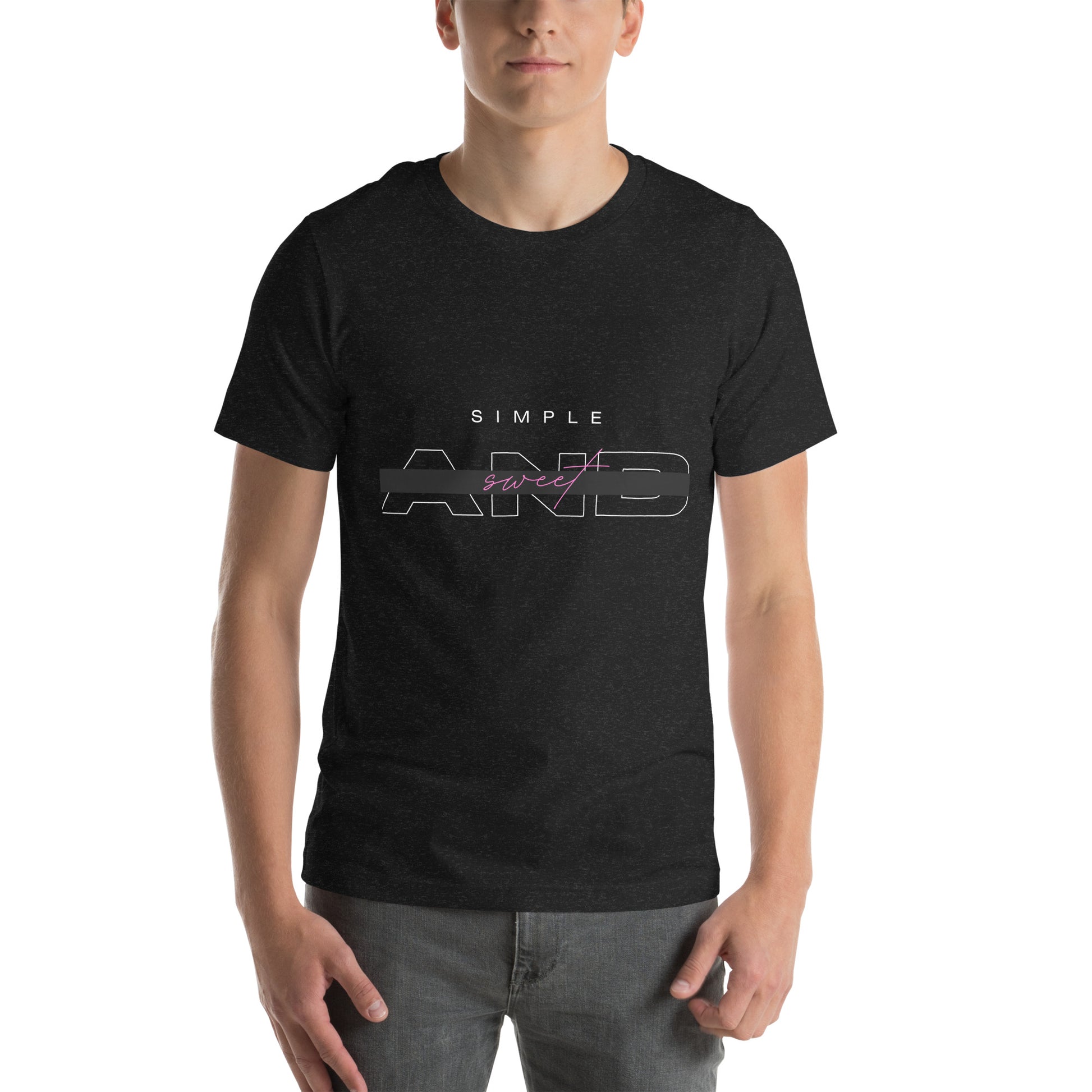 Sweet Minimal T-Shirt - Left Placement image 1: Black Heather version, size S with front view of the Simple and Sweet range.