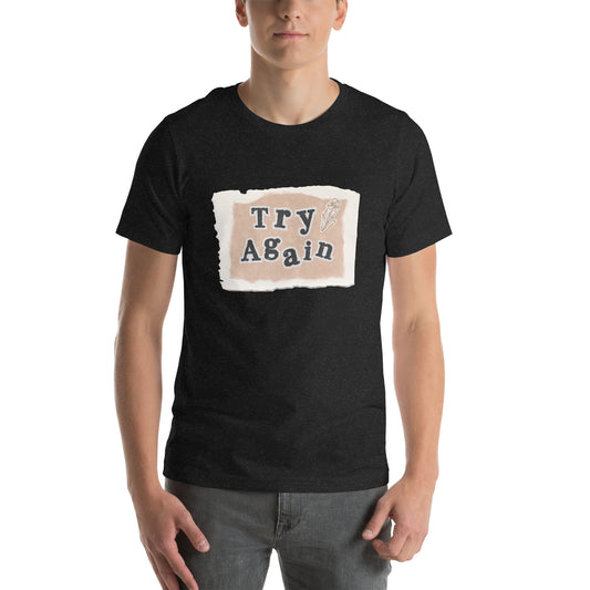 Retry T-Shirt - Left Placement image 1: Black Heather version, size S with front view of the Try Again range.