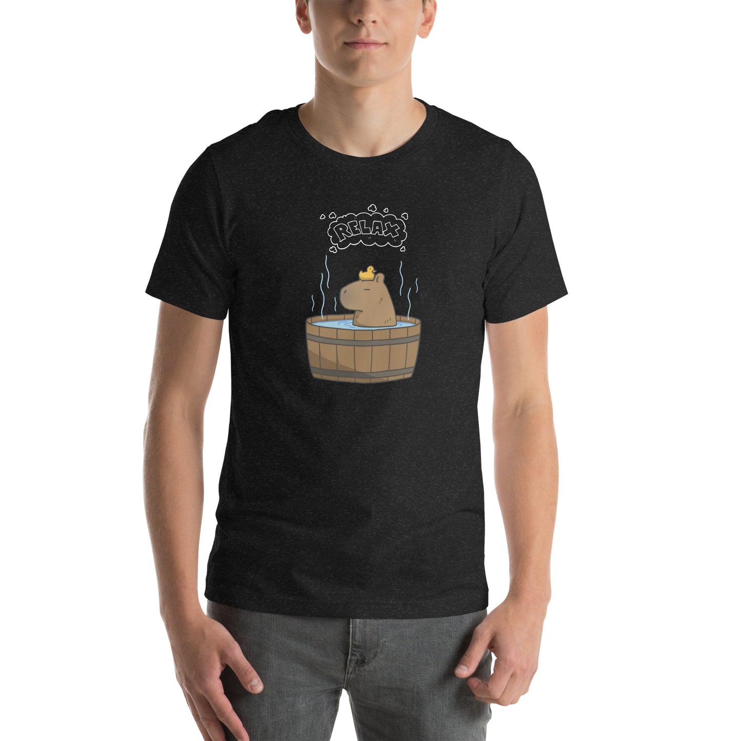 Slow Hour T-Shirt - Left Placement image 1: Black Heather version, size S with front view of the Relax range.
