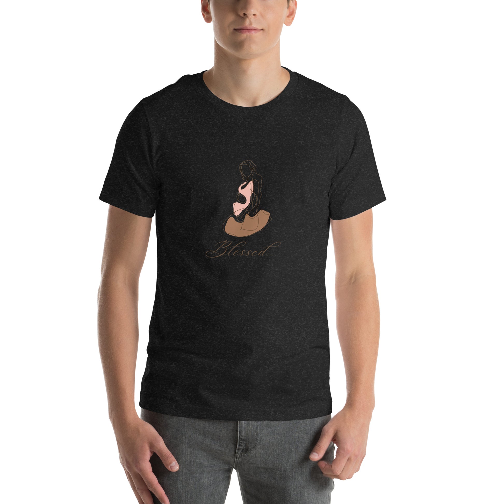 Grace Mark T-Shirt - Left Placement image 1: Black Heather version, size S with front view of the Blessed range.