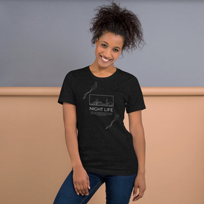 Afterhours T-Shirt - Left Placement image 21: Oxblood Black version, size L with front view of the Night Life range.