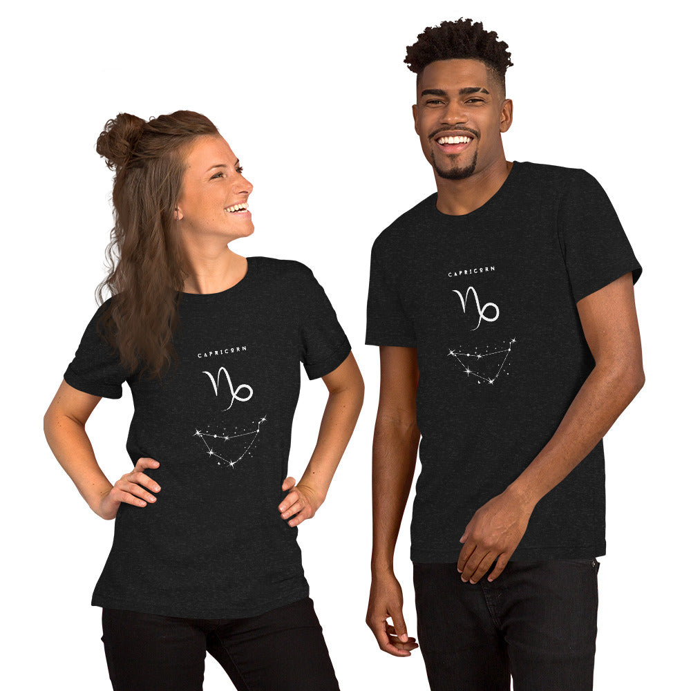 Image 1 of Black Heather Montaire T-Shirt, size S, with Capricorn artwork visible in front view.