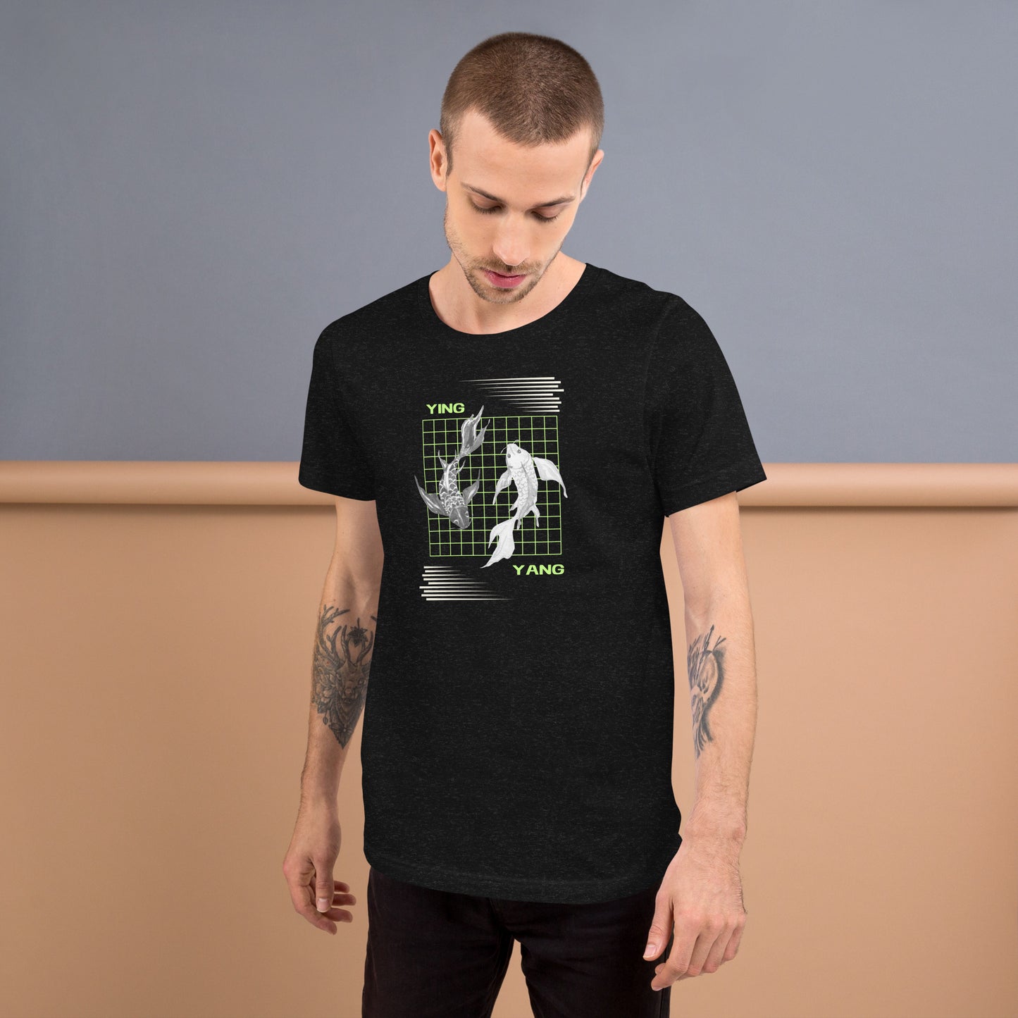Equinoxe T-Shirt image 1 in Black Heather, size S, showing front view for the Ying and Yang design.