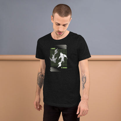 Equinoxe T-Shirt image 1 in Black Heather, size S, showing front view for the Ying and Yang design.
