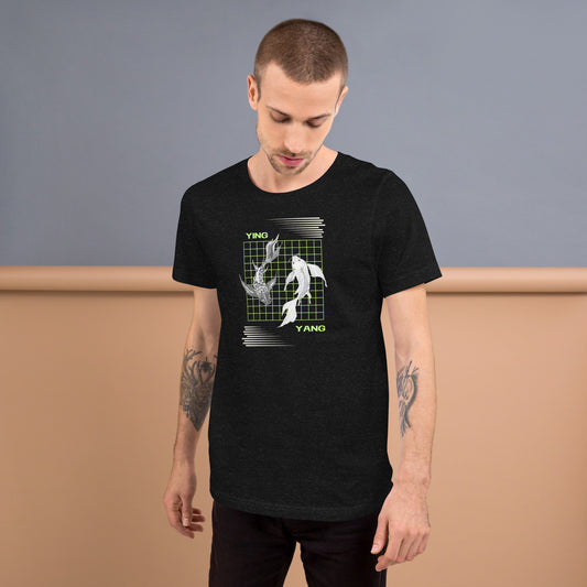 Equinoxe T-Shirt image 1 in Black Heather, size S, showing front view for the Ying and Yang design.