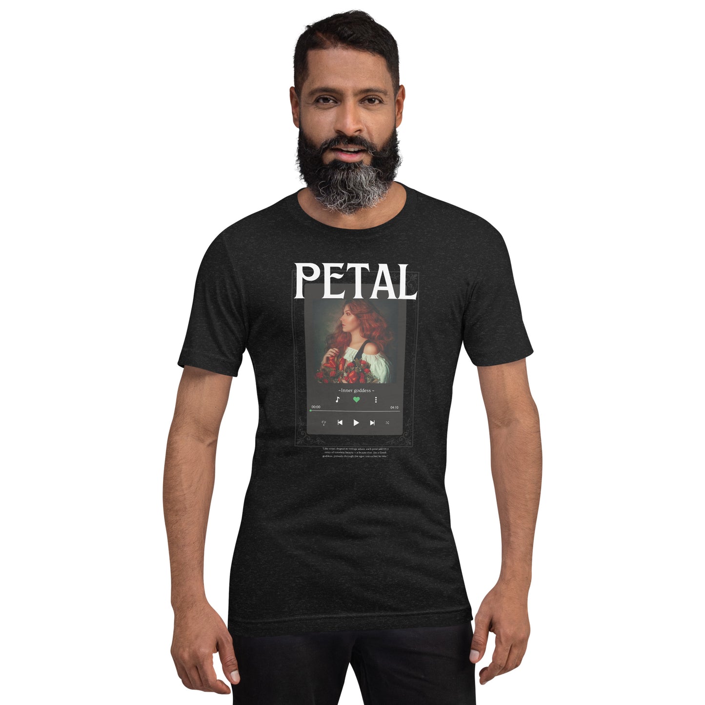Petaline T-Shirt product image 2 in Black Heather, size M, with front view and design placement.