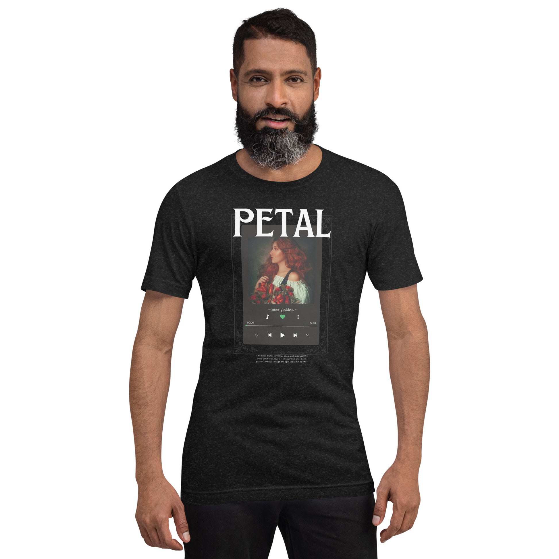Petaline T-Shirt product image 2 in Black Heather, size M, with front view and design placement.