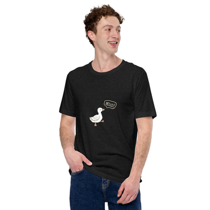 Quacksy T-Shirt image 2: Black Heather version, size M with front view of the Hello Duck range.