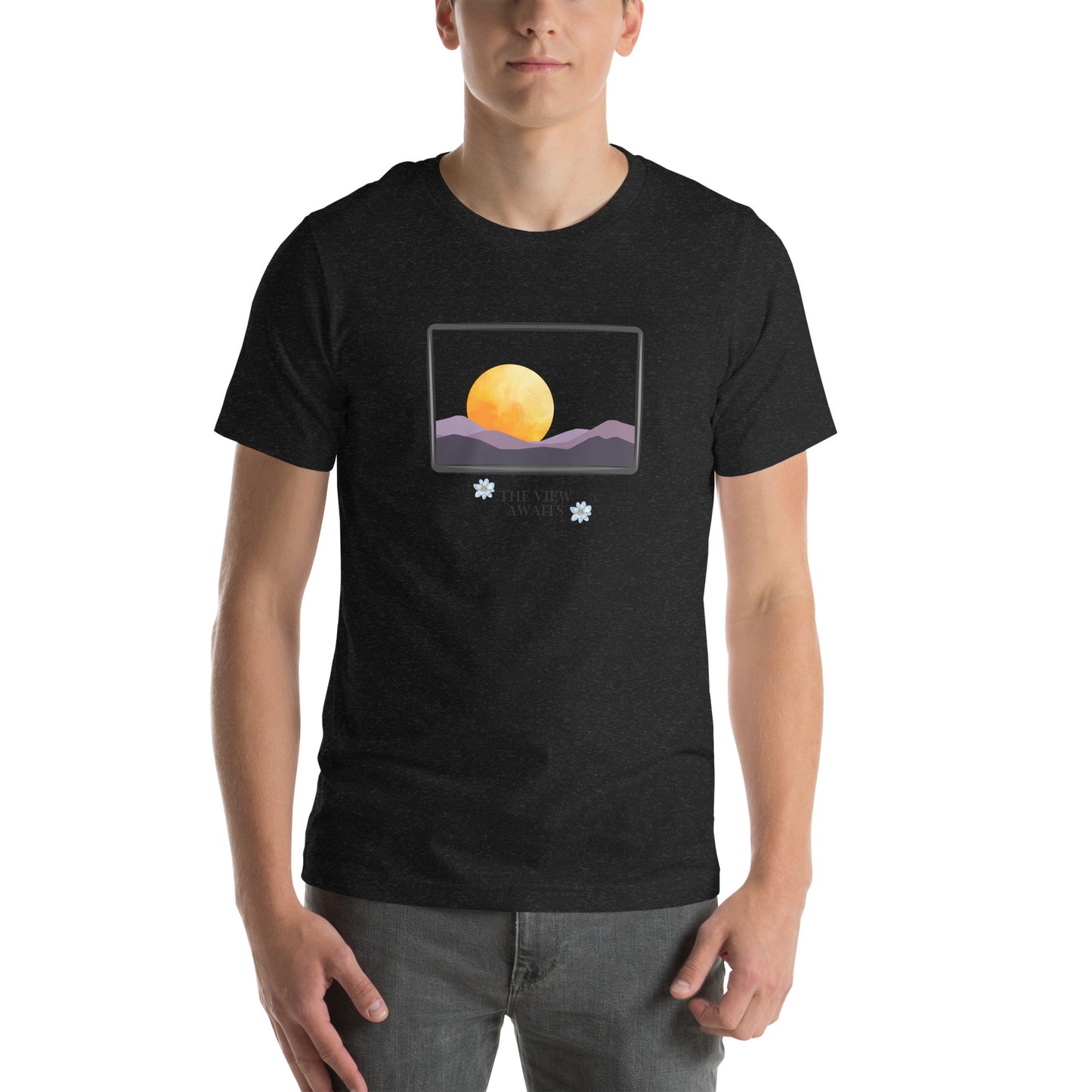 Image 1 of Black Heather Avenor T-Shirt, size S, with The View Awaits artwork visible in front view.