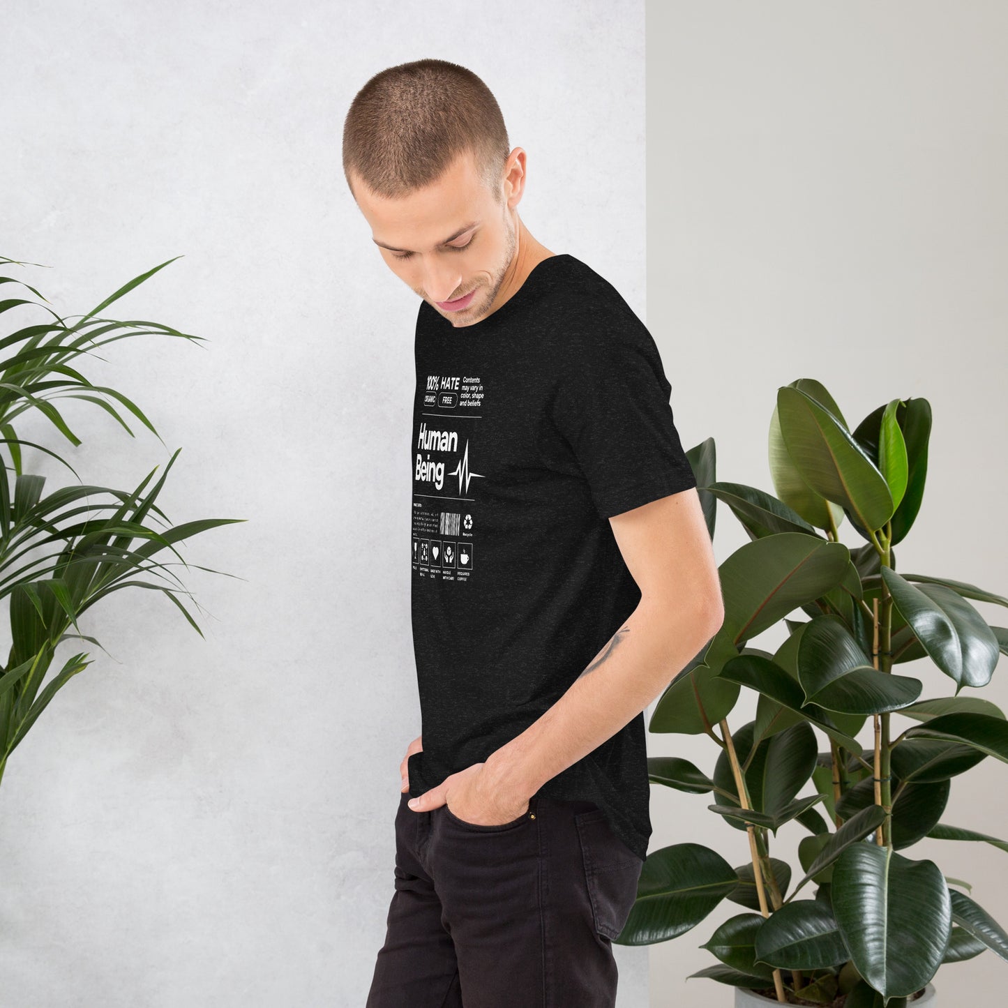 Human Form T-Shirt - Left Placement image 11: Black version, size XL with left-side angle of the Human Being range.