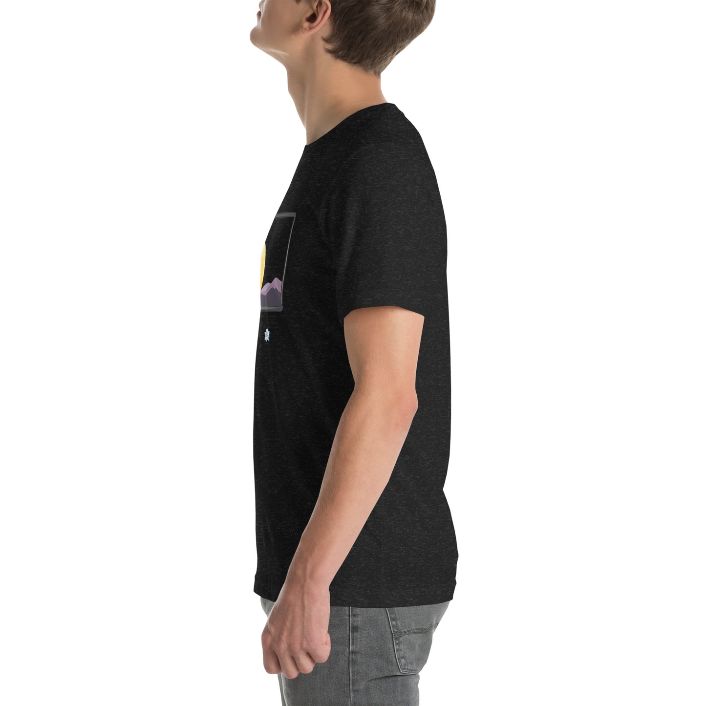Image 3 of Black Heather Avenor T-Shirt, size L, with The View Awaits artwork visible in left-side angle.