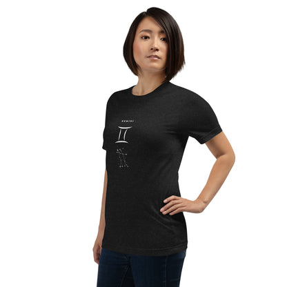 Image 4 of Black Heather Twin Signal T-Shirt - Left Placement, size L, with Gemini artwork visible in front view, left-side angle.
