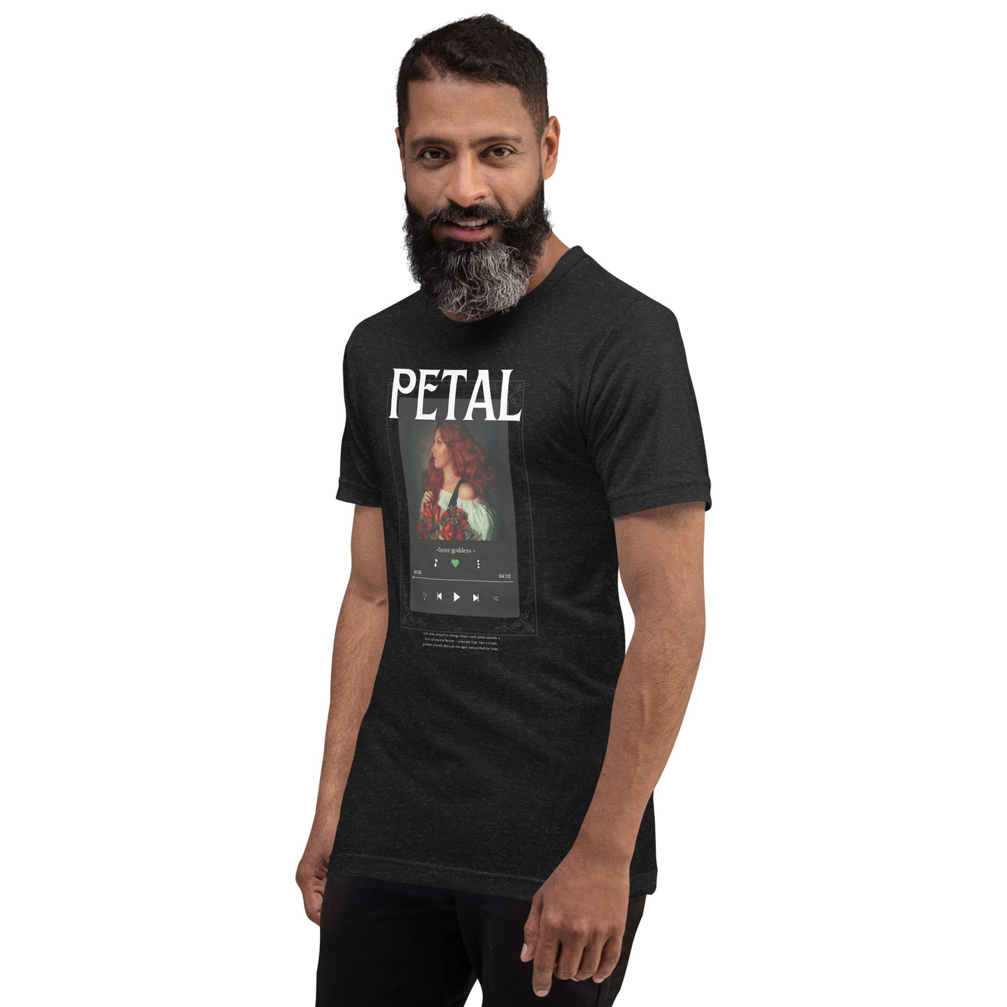 Petaline T-Shirt image 3 in Black Heather, size L, showing front view, left-side angle for the Petal design.