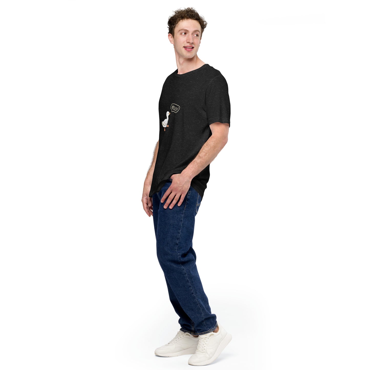 Quacksy T-Shirt image 4 in Black Heather, size XL, showing front view, left-side angle for the Hello Duck design.