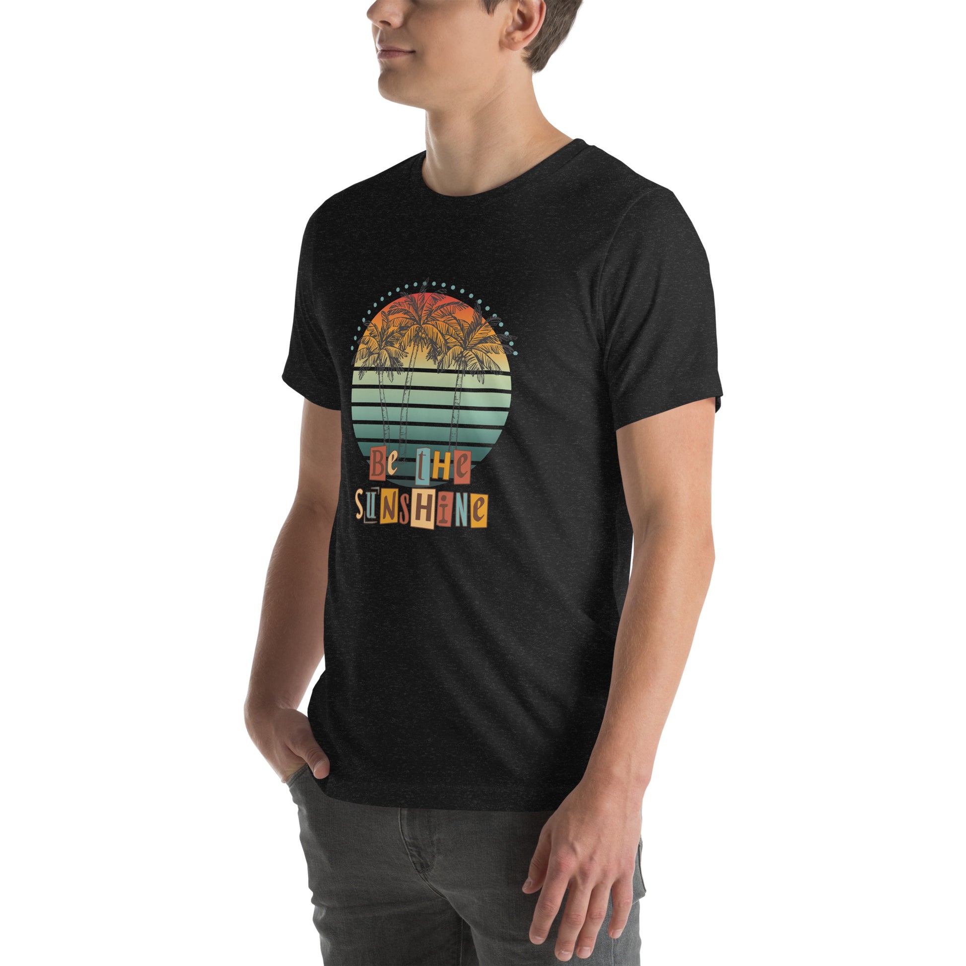 Image 4 of Black Heather Solara T-Shirt, size XL, with Be the Sunshine artwork visible in front view, left-side angle.