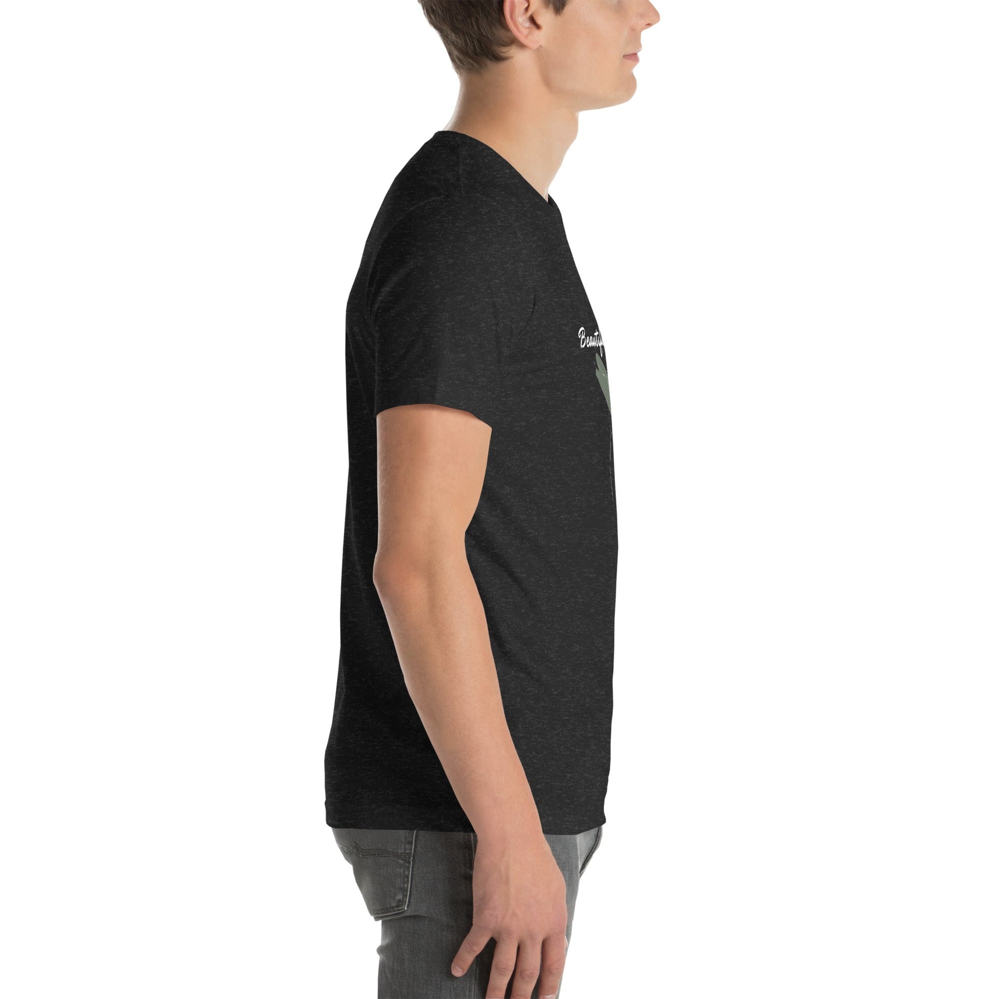 Bellevie T-Shirt - Left Placement image 2: Black Heather version, size M with right-side angle of the Beautiful Life range.