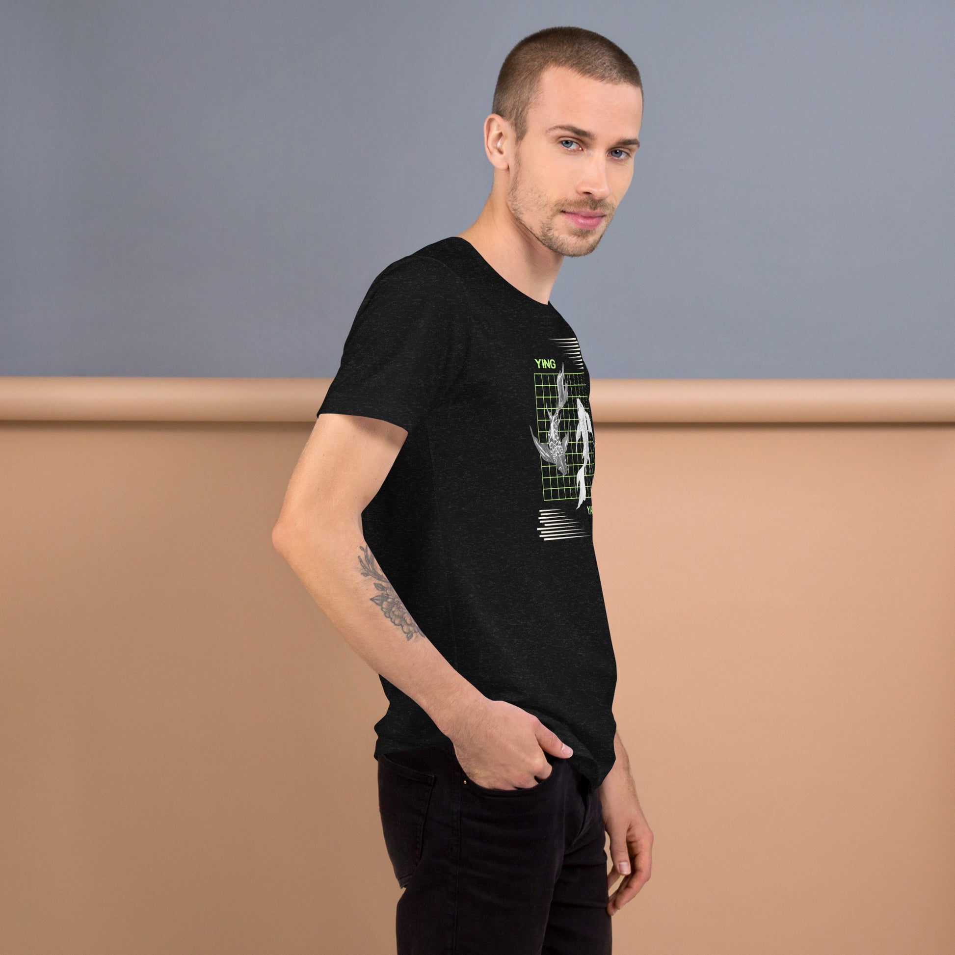 Image 2 of Black Heather Equinoxe T-Shirt, size M, with Ying and Yang artwork visible in right-side angle.