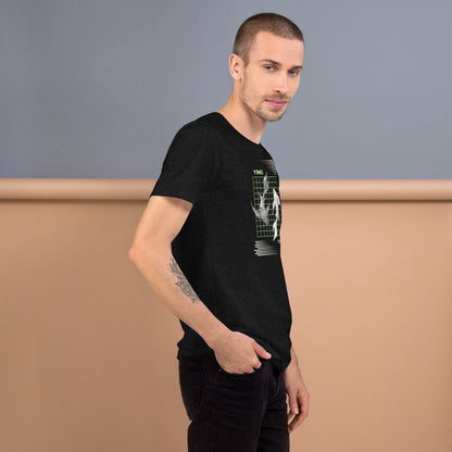 Image 2 of Black Heather Equinoxe T-Shirt, size M, with Ying and Yang artwork visible in right-side angle.
