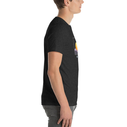 Avenor T-Shirt product image 5 in Black Heather, size 2XL, with right-side angle and design placement.