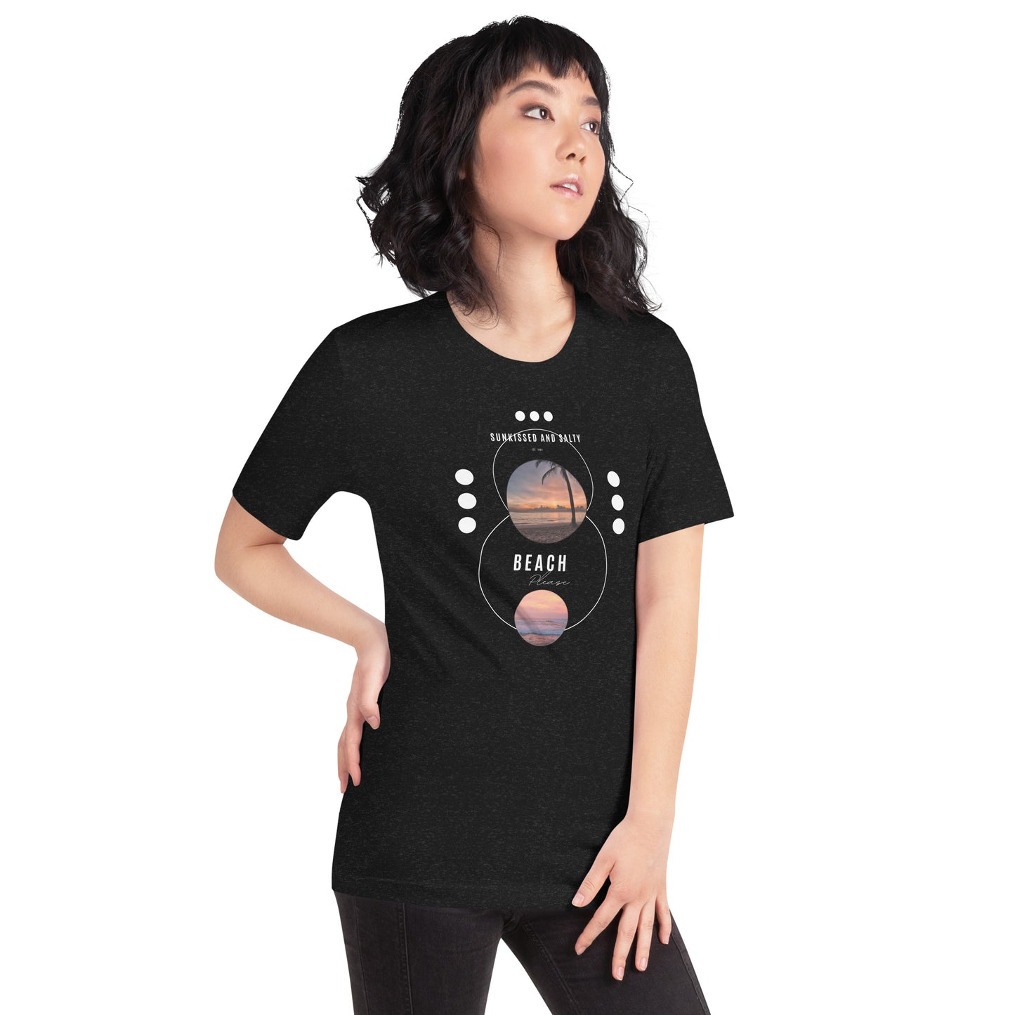 Image 8 of Maroon Coastline Attitude T-Shirt - Left Placement, size M, with Beach Please artwork visible in front view, right-side angle.