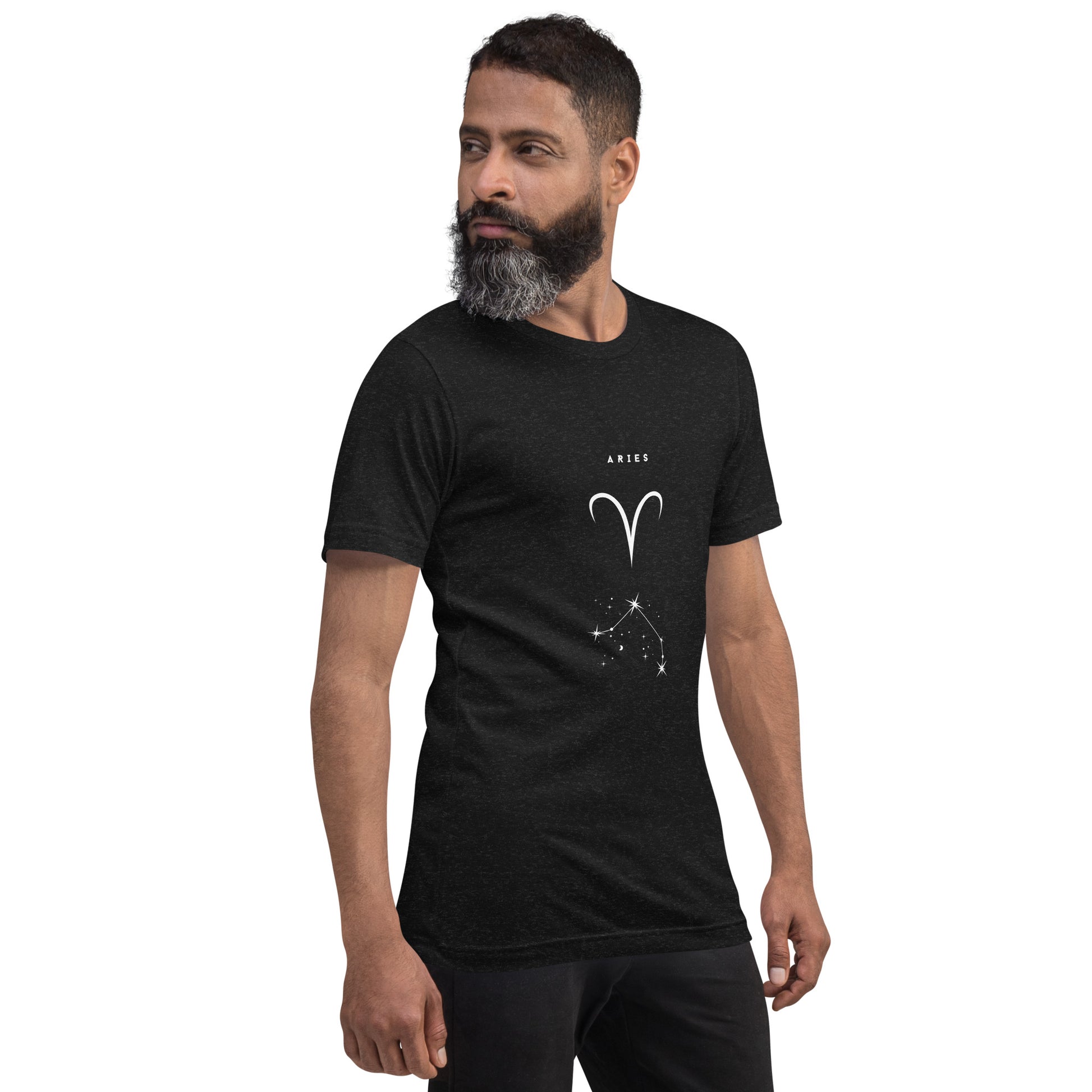 Marsborne T-Shirt - Left Placement image 4 in Black Heather, size L, showing front view, right-side angle for the Aries design.