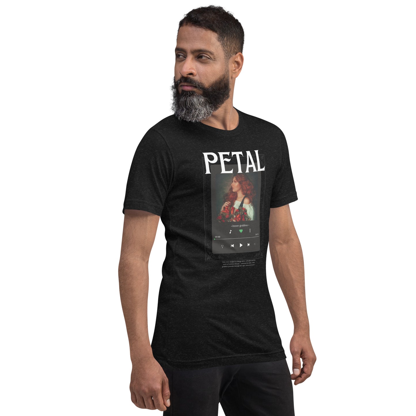 Petaline T-Shirt image 4: Black Heather version, size XL with front view, right-side angle of the Petal range.