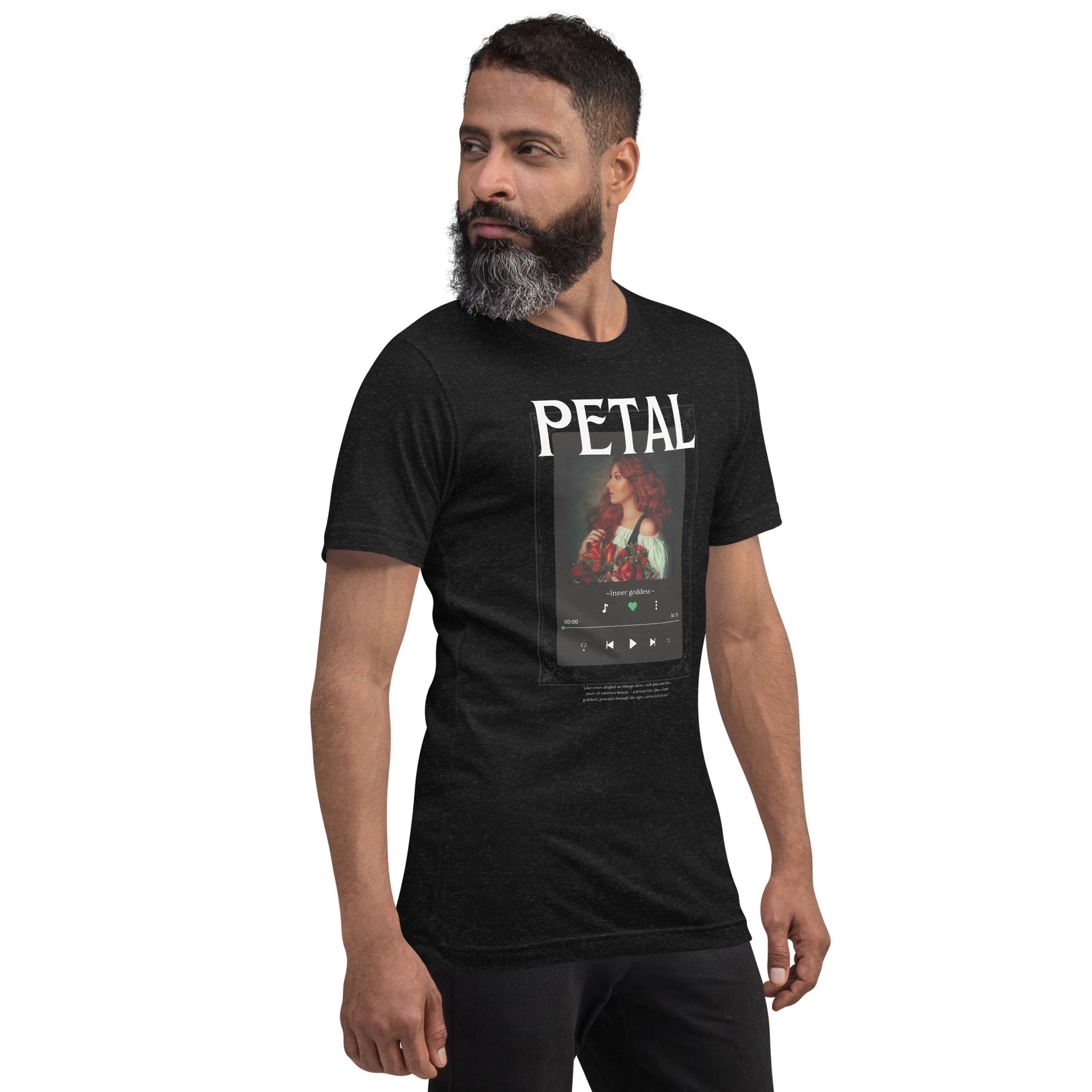 Petaline T-Shirt image 4: Black Heather version, size XL with front view, right-side angle of the Petal range.