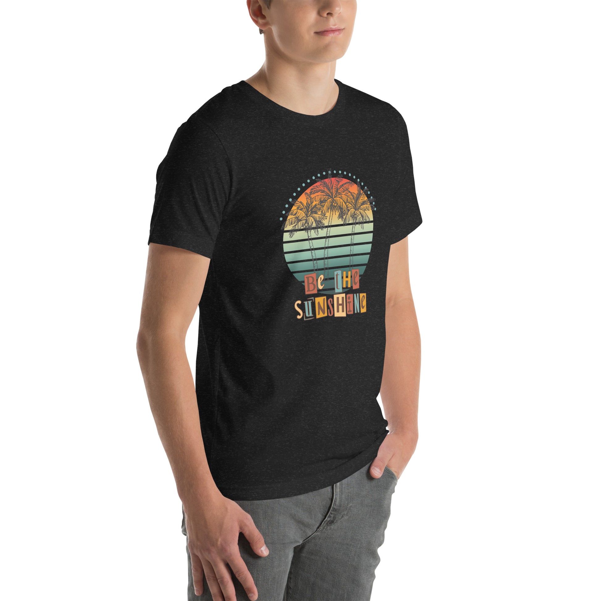 Image 6 of Black Solara T-Shirt, size S, with Be the Sunshine artwork visible in front view, right-side angle.