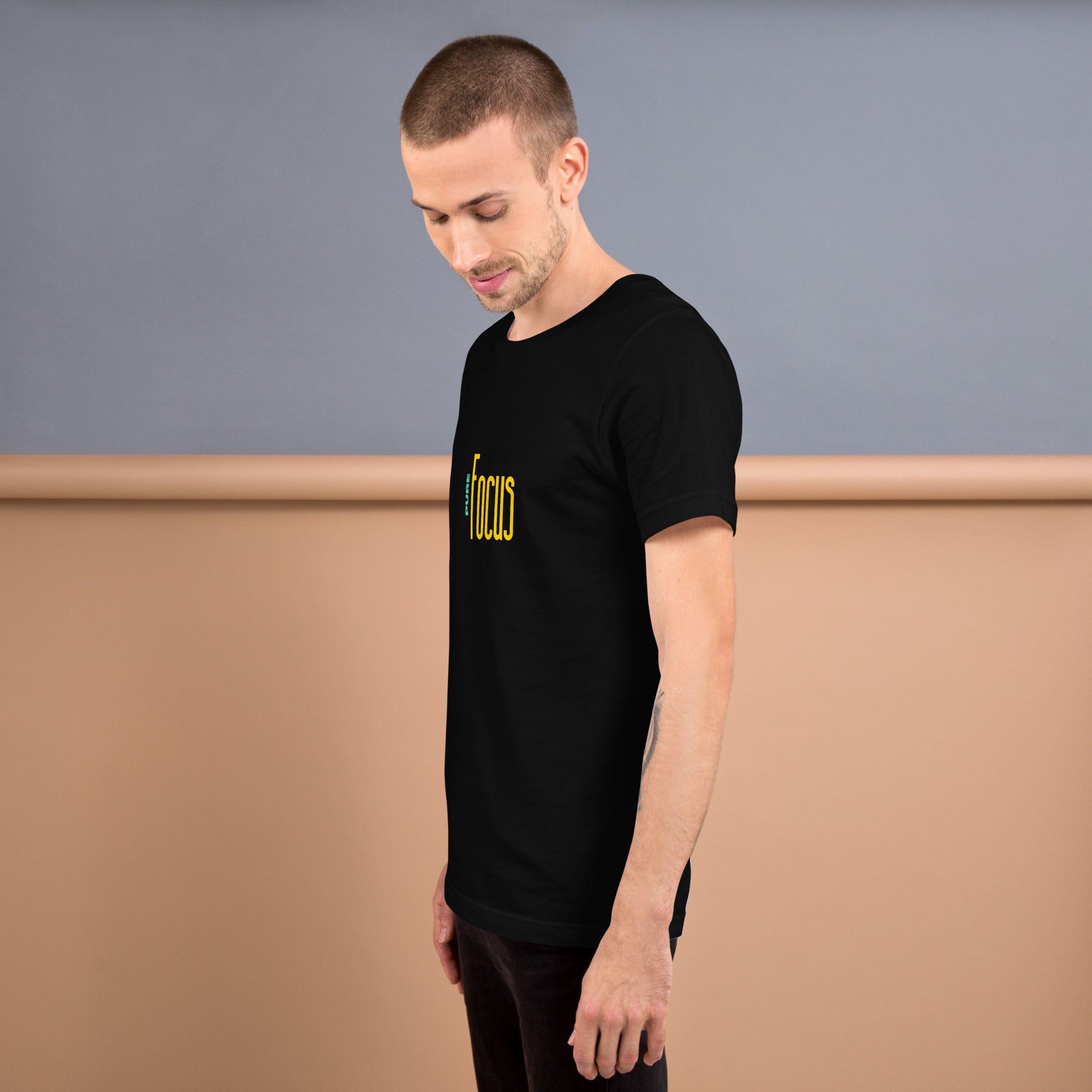 Image 5 of Black Heather Focusline T-Shirt - Left Placement, size XL, with Pure Focus artwork visible in left-side angle.