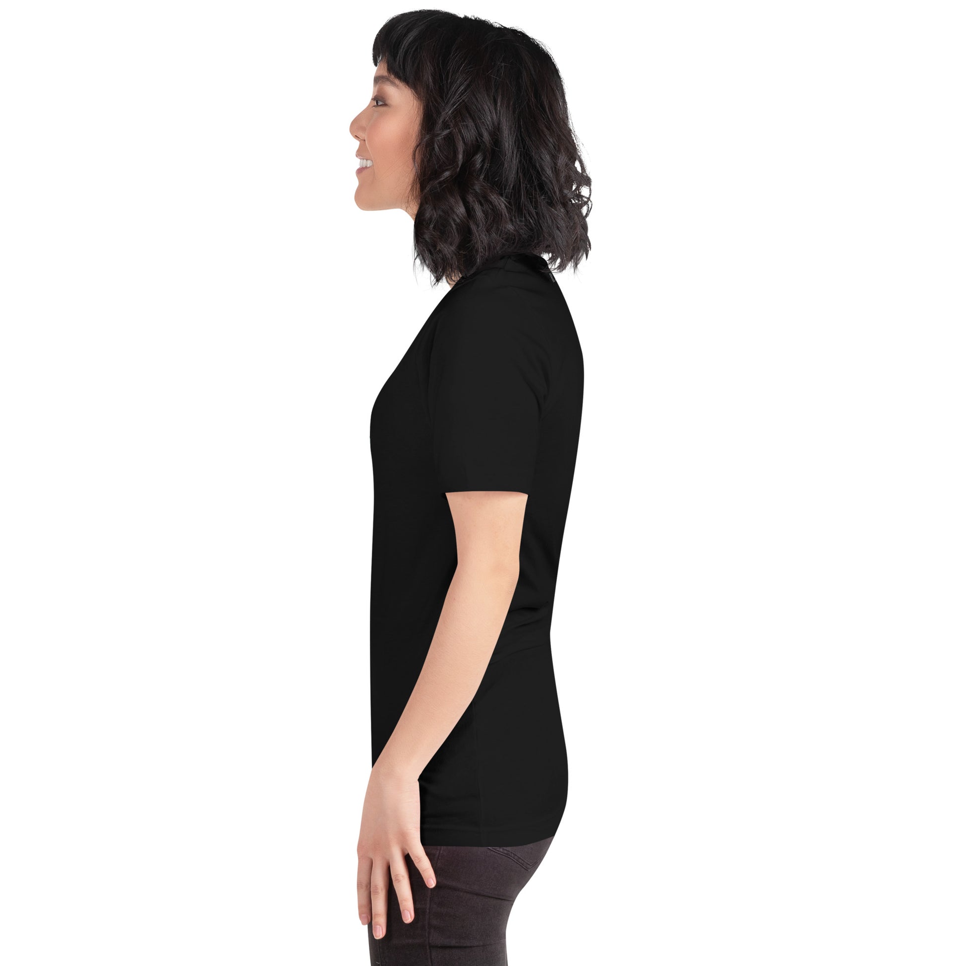 Quiet Peace T-Shirt - Left Placement by R.A. Apparel, image 4, left-side angle, Black Heather, size L, left placement.