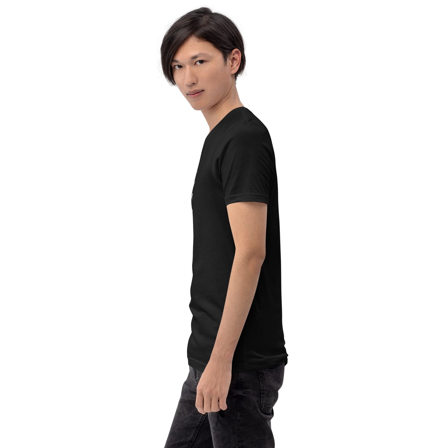 Waterbearer T-Shirt - Left Placement by R.A. Apparel, image 3, left-side angle, Black Heather, size M, left placement.