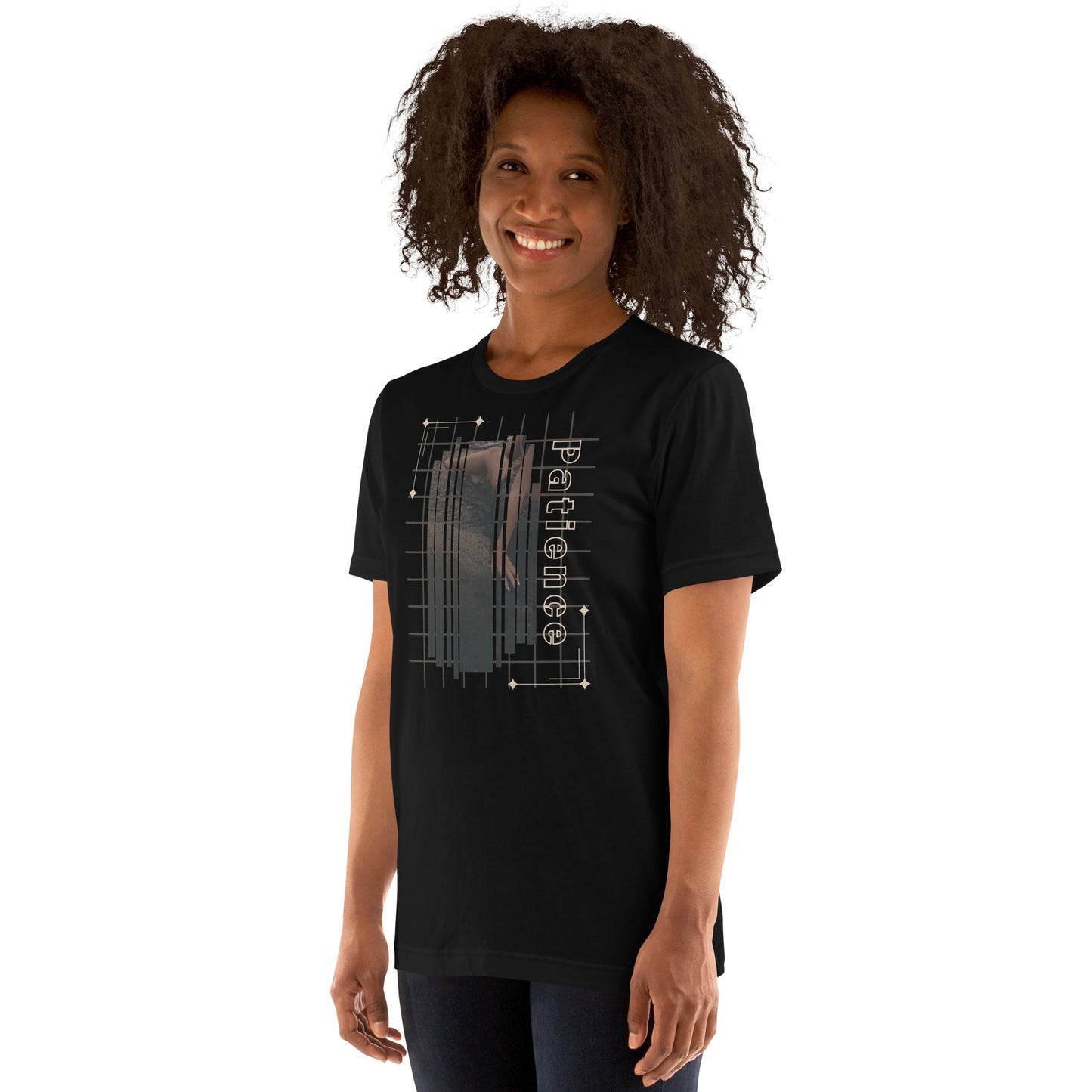 Image 1 of Black Heather Stillwater T-Shirt - Left Placement, size S, with Patience artwork visible in front view, left-side angle.