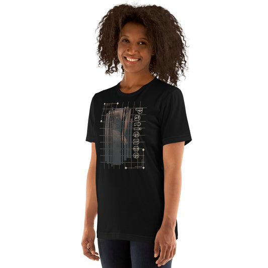Image 1 of Black Heather Stillwater T-Shirt - Left Placement, size S, with Patience artwork visible in front view, left-side angle.