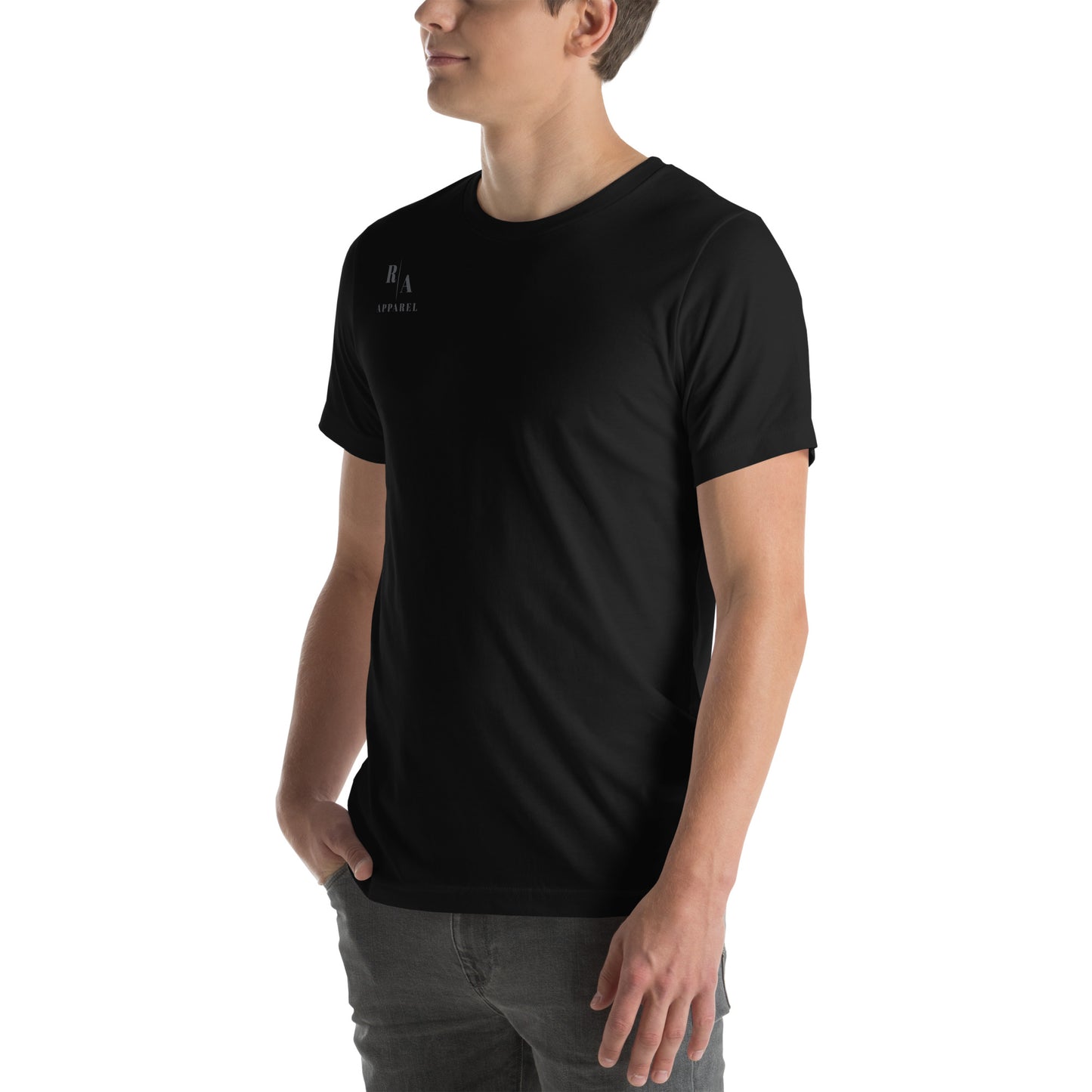 Forward Kind T-Shirt - Left Placement 77 by R.A. Apparel, image 6, front view, left-side angle, Black Heather, size 2XL, left placement.