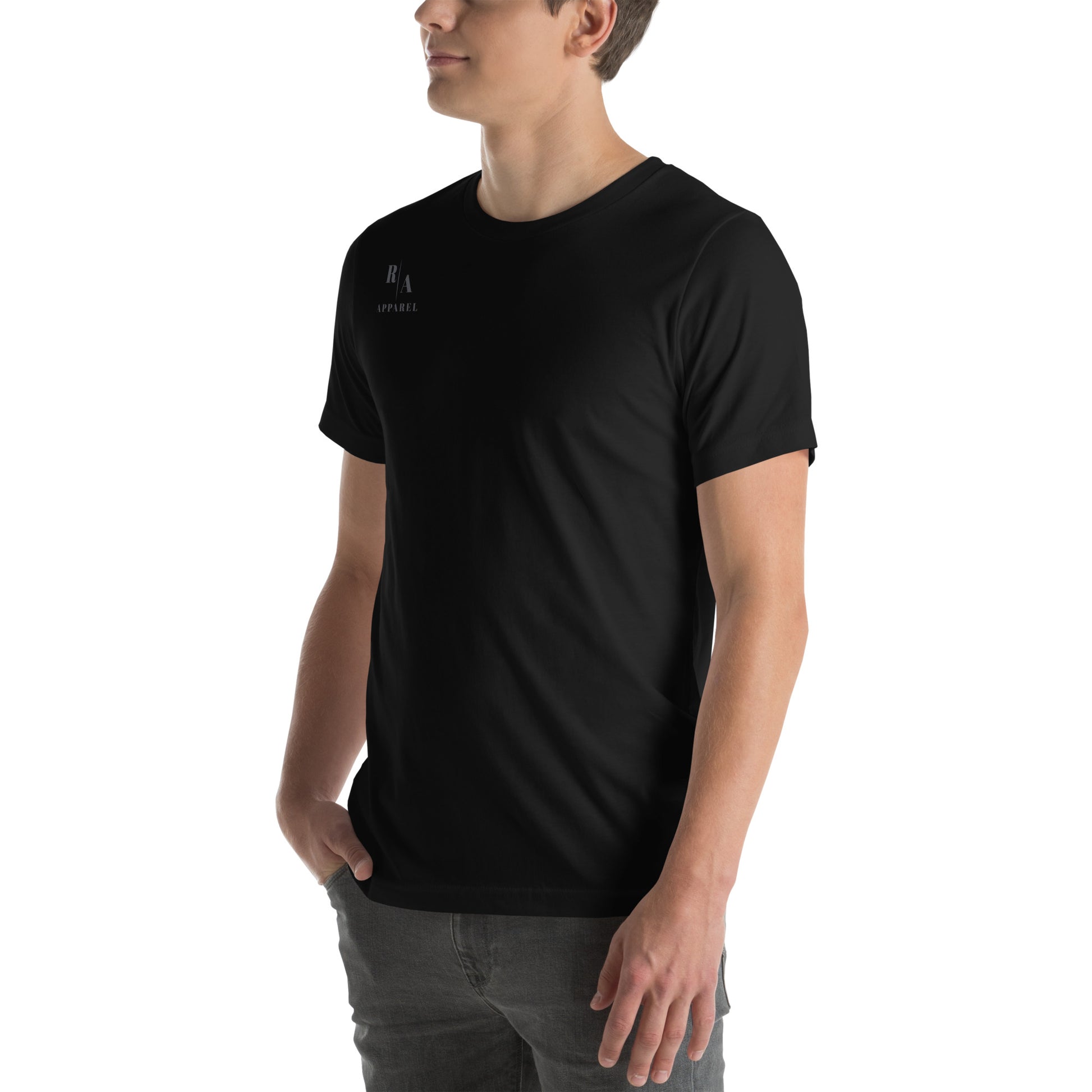 Forward Kind T-Shirt - Left Placement 77 by R.A. Apparel, image 6, front view, left-side angle, Black Heather, size 2XL, left placement.