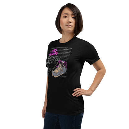 Image 3 of Black Heather Fearless T-Shirt - Left Placement, size M, with No Fear artwork visible in front view, left-side angle.