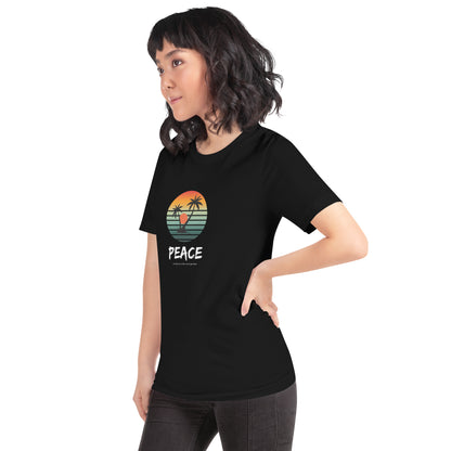 Quiet Peace T-Shirt - Left Placement image 3: Black Heather version, size M with front view, left-side angle of the Peace range.
